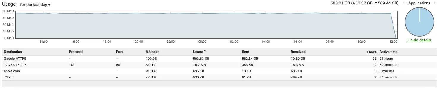 Chart showing 50Mbps of backup traffic to Google.